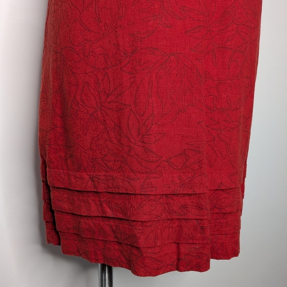✨3/$15 Nicole Miller Red Leaf Foliage Linen Blend Short Sleeve V Neck Dress S - Picture 4 of 9